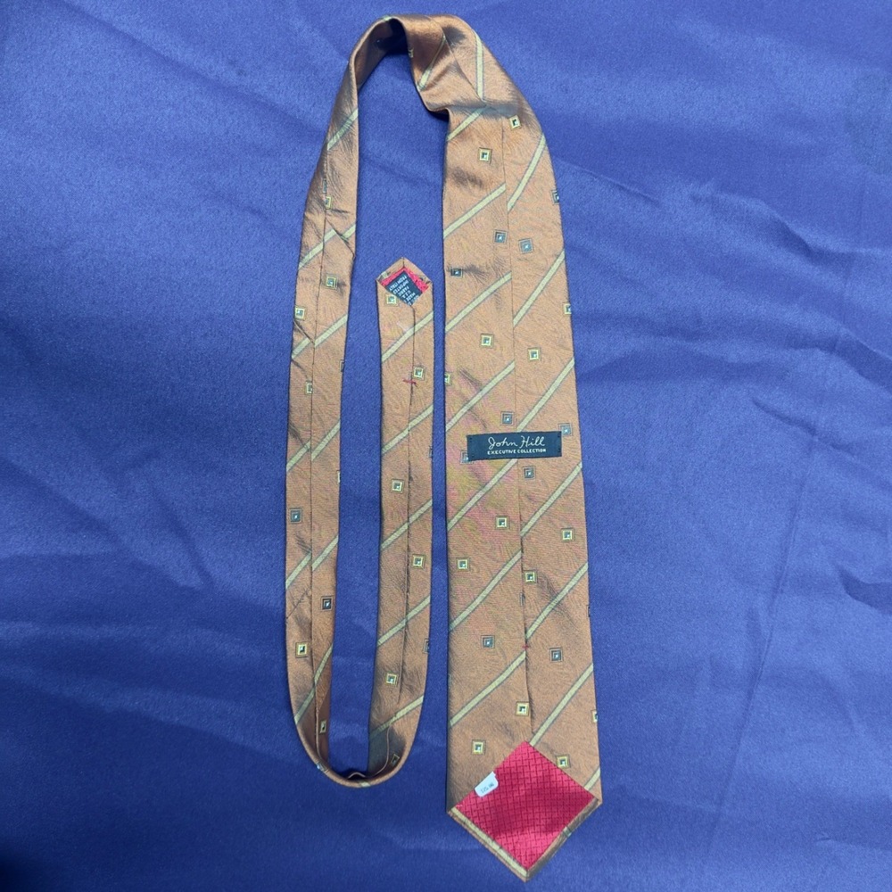 John Hill Executive Mens Silk Tie Brown Geometric Striped Pattern Business - Picture 4 of 4